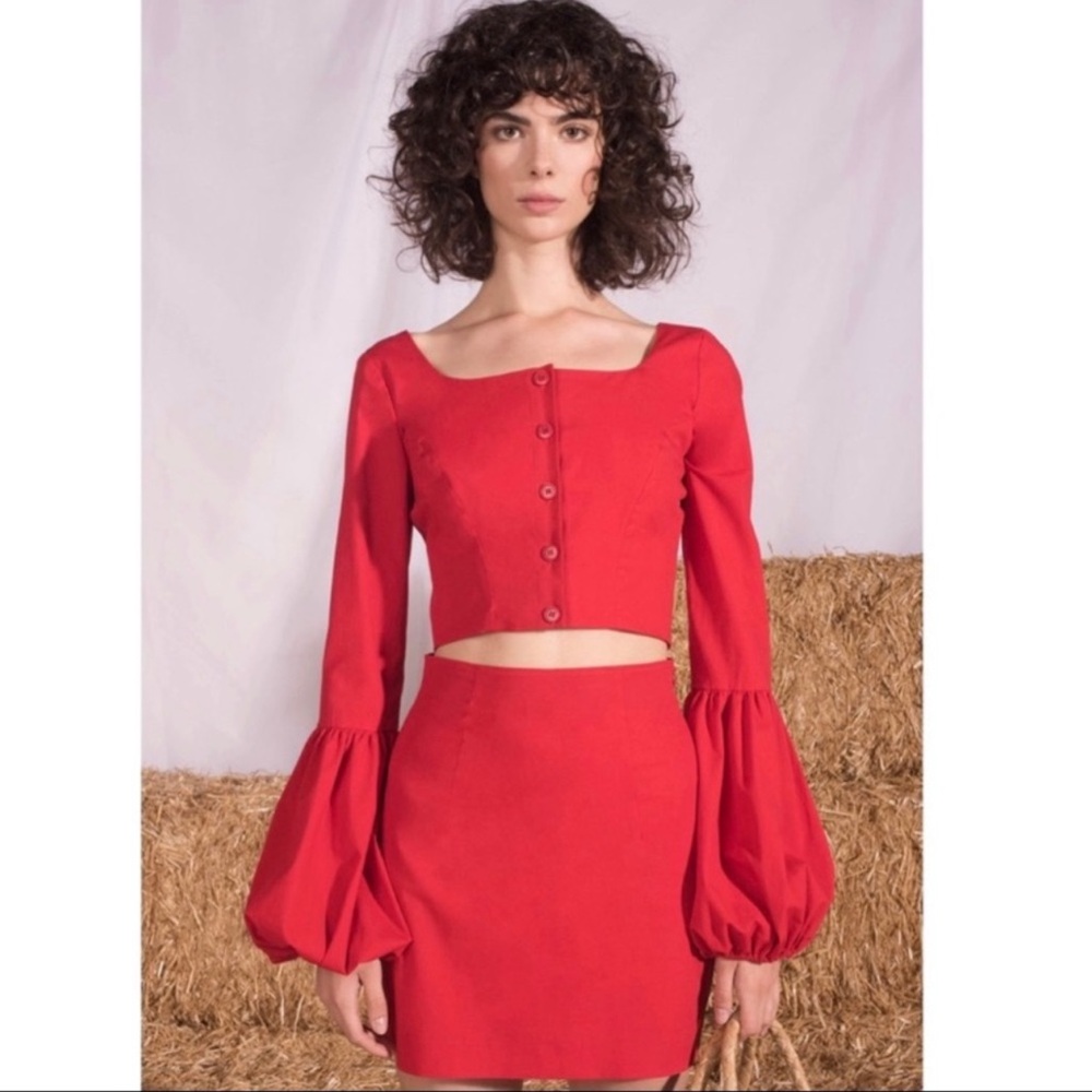 STAUD Red Cotton Blend Monica Cropped Top - S